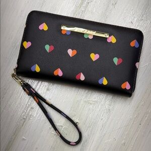 Betsy Johnson Colorful Rainbow Hearts on Black Faux Leather Zip Up Wallet